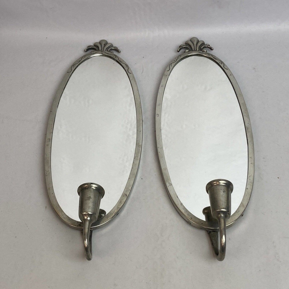 Vintage Silvertone Mirrored Taper Candle Wall Sconces Pair of 2 12" Tall